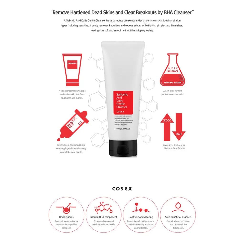 COSRX Salicylic Acid Daily Gentle Korean Acne Cleanser 150ml | BHA Pore Cleanser